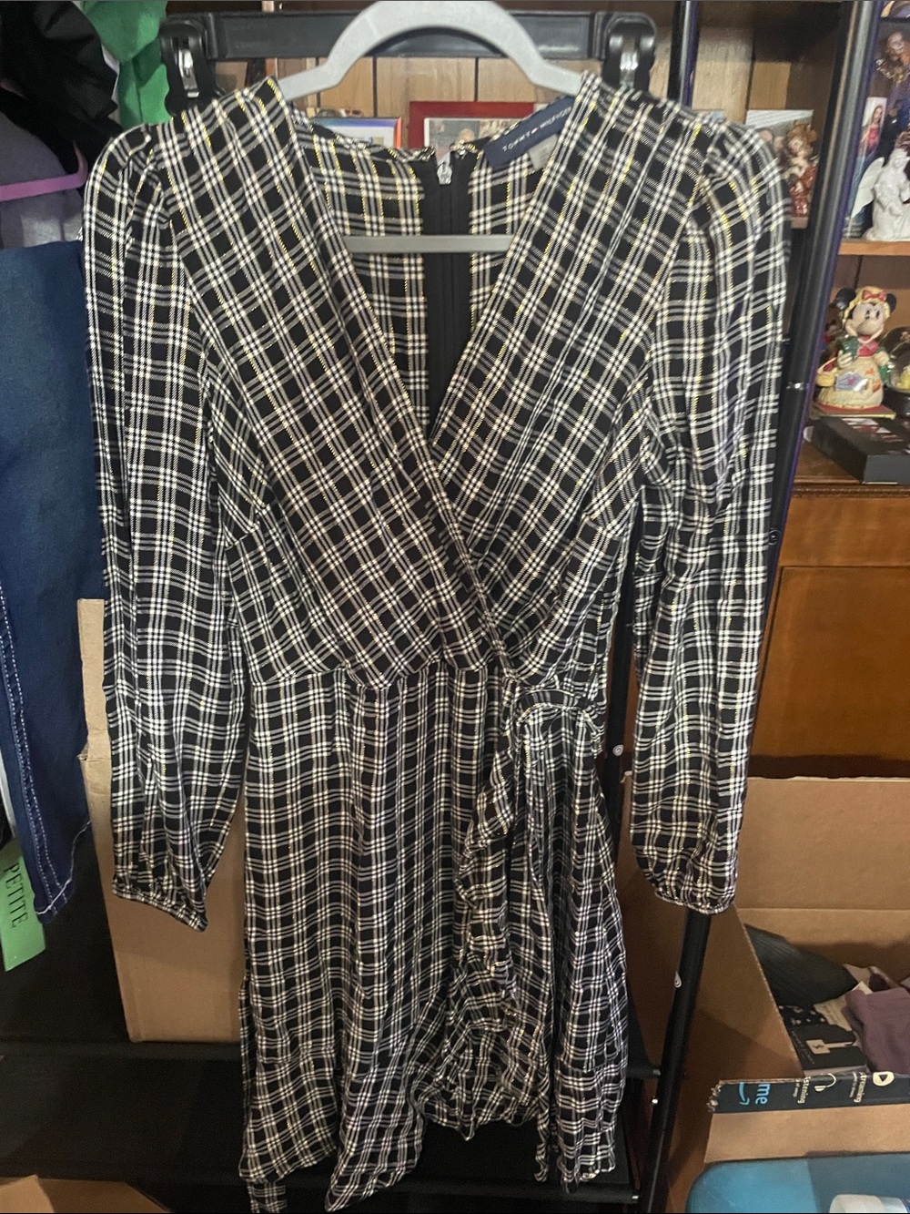 Tommy Hilfiger Black and White Plaid Long Sleeve Wrap Dress